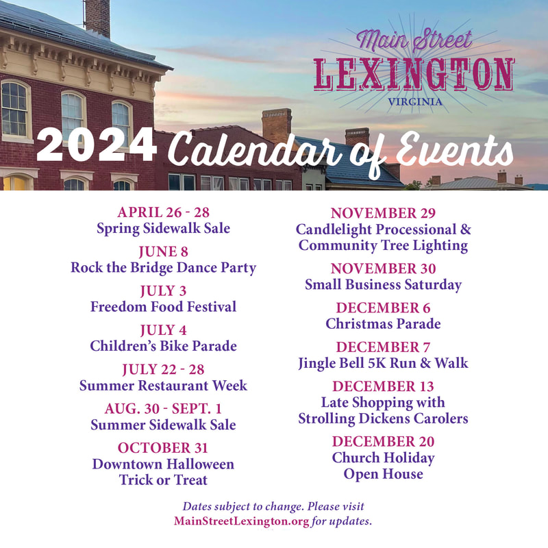 2024 Calendar of Events; April 26-28: Spring Sidewalk Sale; June 8: Rock the Bridge; July 3: Freedom Food Festival; July 4: Children's Bike Parade; July 22-28: Summer Restaurant Week; Aug. 30-Sept. 1: Summer Sidewalk Sale; October 31: Downtown Trick or Treat; November 29: Candlelight Processional & Tree Lighting; November 30: Small Business Saturday; December 6: Christmas Parade; December 7: Jingle Bell Run & Walk; December 13: Open Late Shopping with Dickens Carolers; December 20: Church Holiday Open House